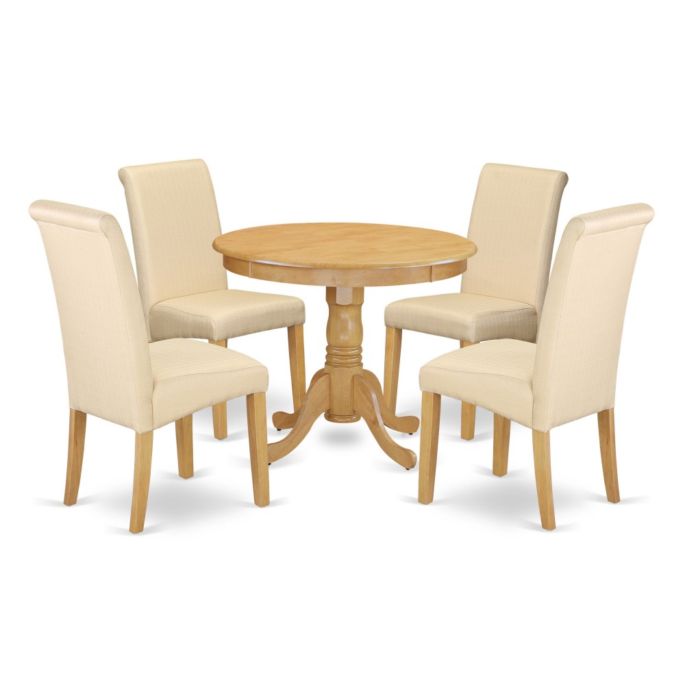 5Pc Small Round Table, Linen Beige Fabric Kitchen Chairs, Oak Chair Legs