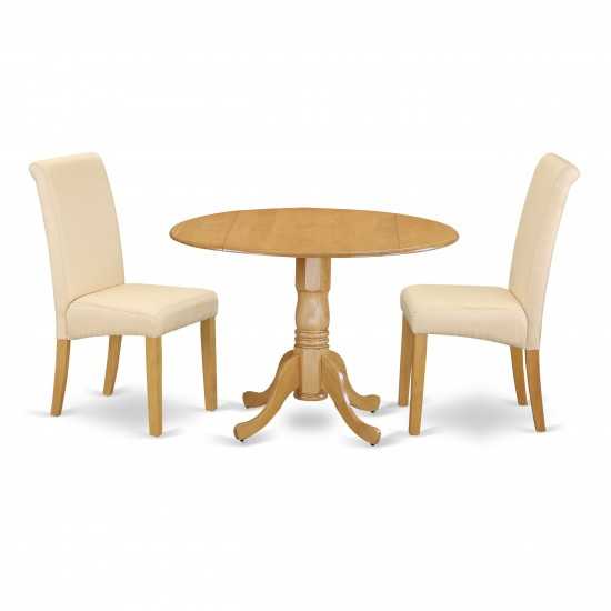 3Pc Small Round Table With Linen Beige Fabric Dining Chairs With Oak Chair Legs