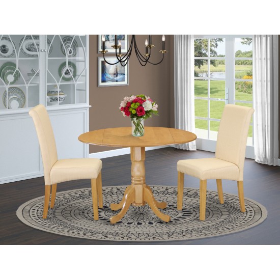 3Pc Small Round Table With Linen Beige Fabric Dining Chairs With Oak Chair Legs