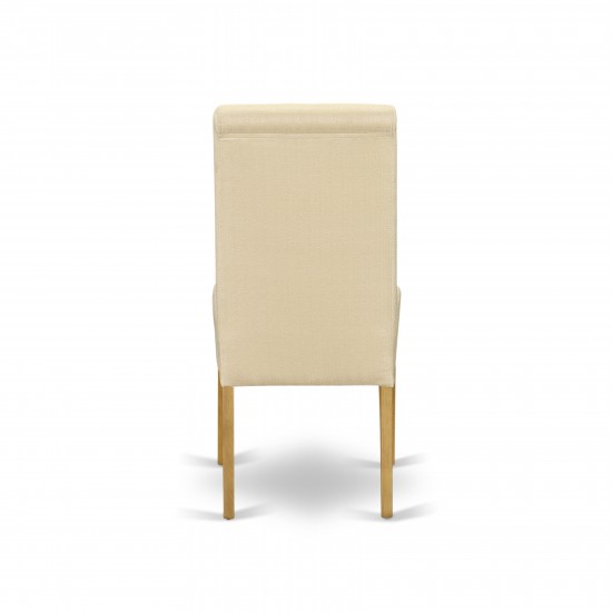 3Pc Small Round Table With Linen Beige Fabric Dining Chairs With Oak Chair Legs
