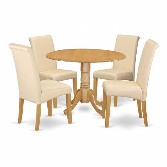 5Pc Small Round Table With Linen Beige Fabric Parson Chairs With Oak Chair Legs