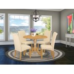 5Pc Small Round Table With Linen Beige Fabric Parson Chairs With Oak Chair Legs