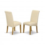 5Pc Small Round Table With Linen Beige Fabric Parson Chairs With Oak Chair Legs