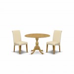 3 Pc Dining Set, Oak Table, 2 Light Beige Dining Chairs, High Back, Oak Finish