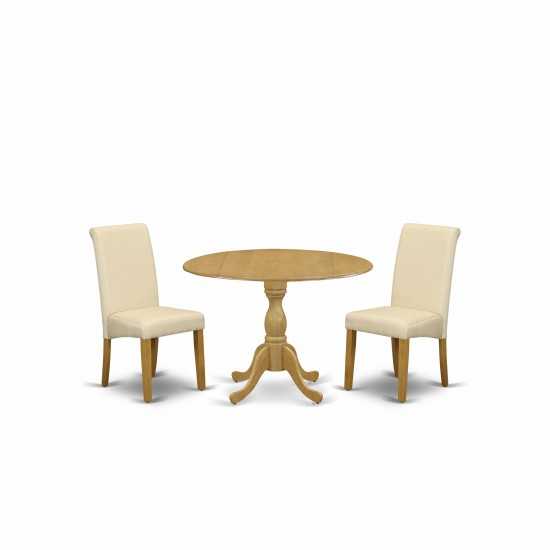 3 Pc Dining Set, Oak Table, 2 Light Beige Dining Chairs, High Back, Oak Finish