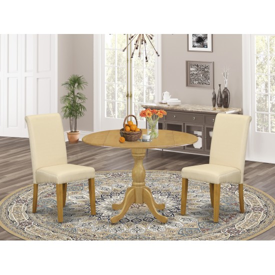 3 Pc Dining Set, Oak Table, 2 Light Beige Dining Chairs, High Back, Oak Finish