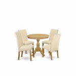 5 Pc Kitchen Set, Oak Round Dining Table, 4 Light Beige Upholstered Dining Chairs, High Back, Oak Finish