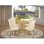 5 Pc Kitchen Set, Oak Round Dining Table, 4 Light Beige Upholstered Dining Chairs, High Back, Oak Finish