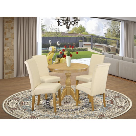 5 Pc Kitchen Set, Oak Round Dining Table, 4 Light Beige Upholstered Dining Chairs, High Back, Oak Finish