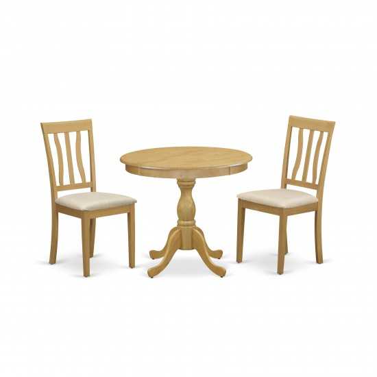 3 Pc Dining Set, 1 Wooden Table, 2 Oak Dining Chairs, Slatted Back, Oak Finish