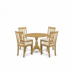 5 Pc Dining Set, Oak Table, 4 Oak Dining Chairs, Slatted Back, Oak Finish