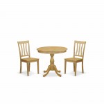 3 Pc Dinning Room Set, 1 Wooden Table, 2 Oak Room Chairs, Slatted Back, Oak