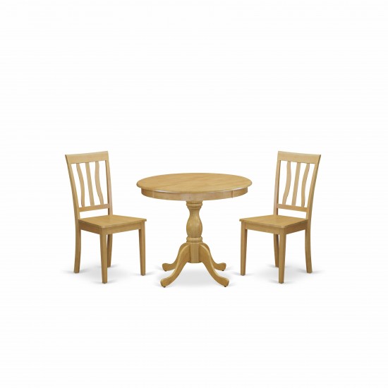 3 Pc Dinning Room Set, 1 Wooden Table, 2 Oak Room Chairs, Slatted Back, Oak