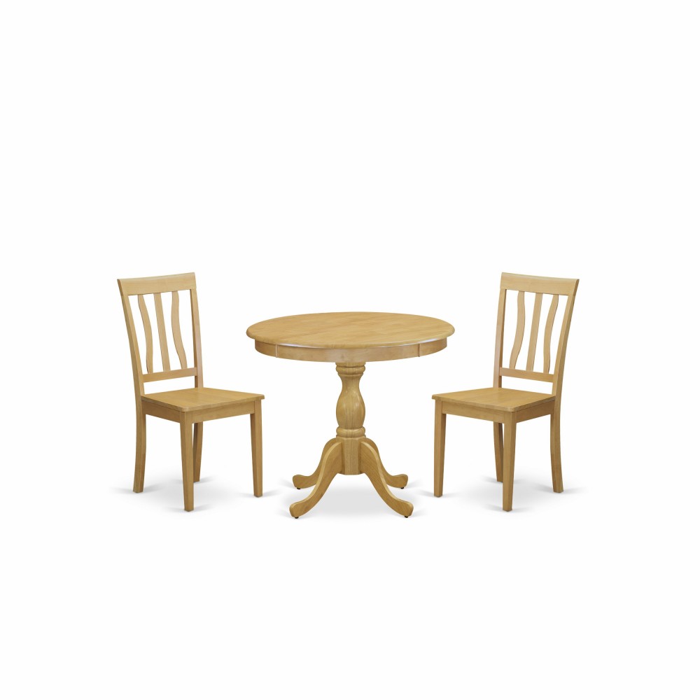 3 Pc Dinning Room Set, 1 Wooden Table, 2 Oak Room Chairs, Slatted Back, Oak