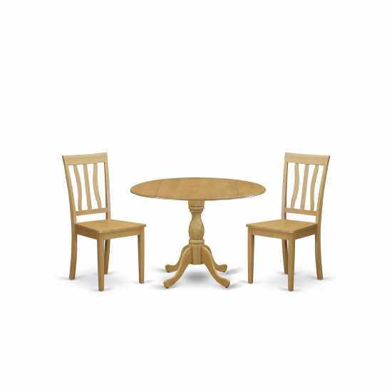 3 Pc Dining Set Set Dropleaf Dinner Table, 2 Oak Wooden Chairs, Slatted Back Oak