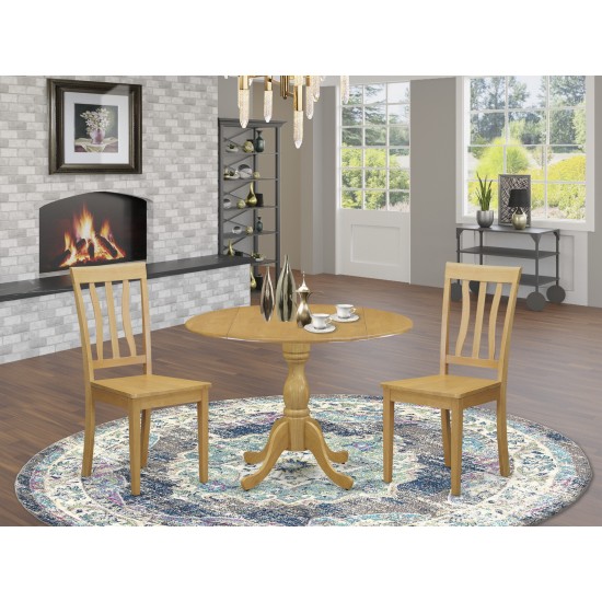 3 Pc Dining Set Set Dropleaf Dinner Table, 2 Oak Wooden Chairs, Slatted Back Oak