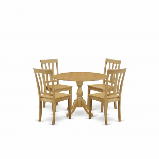 5 Pc Dining Set, Oak Dropleaf Table, 4 Oak Wooden Chairs, Slatted Back, Oak Finish