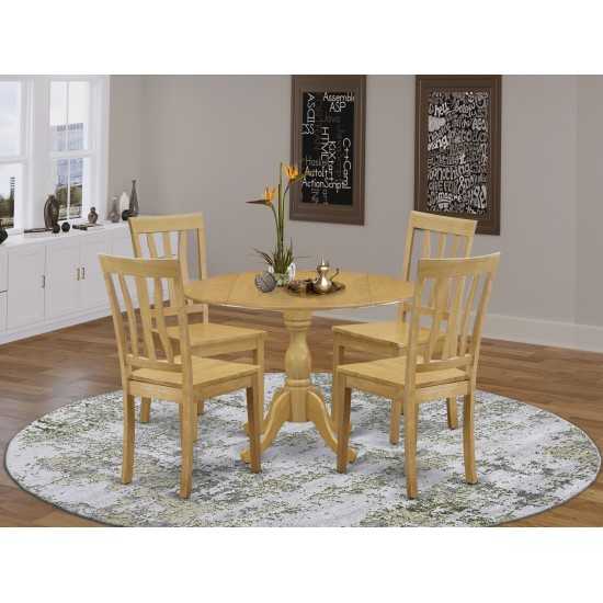 5 Pc Dining Set, Oak Dropleaf Table, 4 Oak Wooden Chairs, Slatted Back, Oak Finish