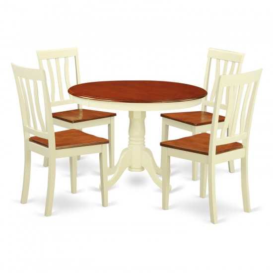 5 Pc Set, Round Small Table, 4 Wood Dinette Chairs In Buttermilk, Cherry .