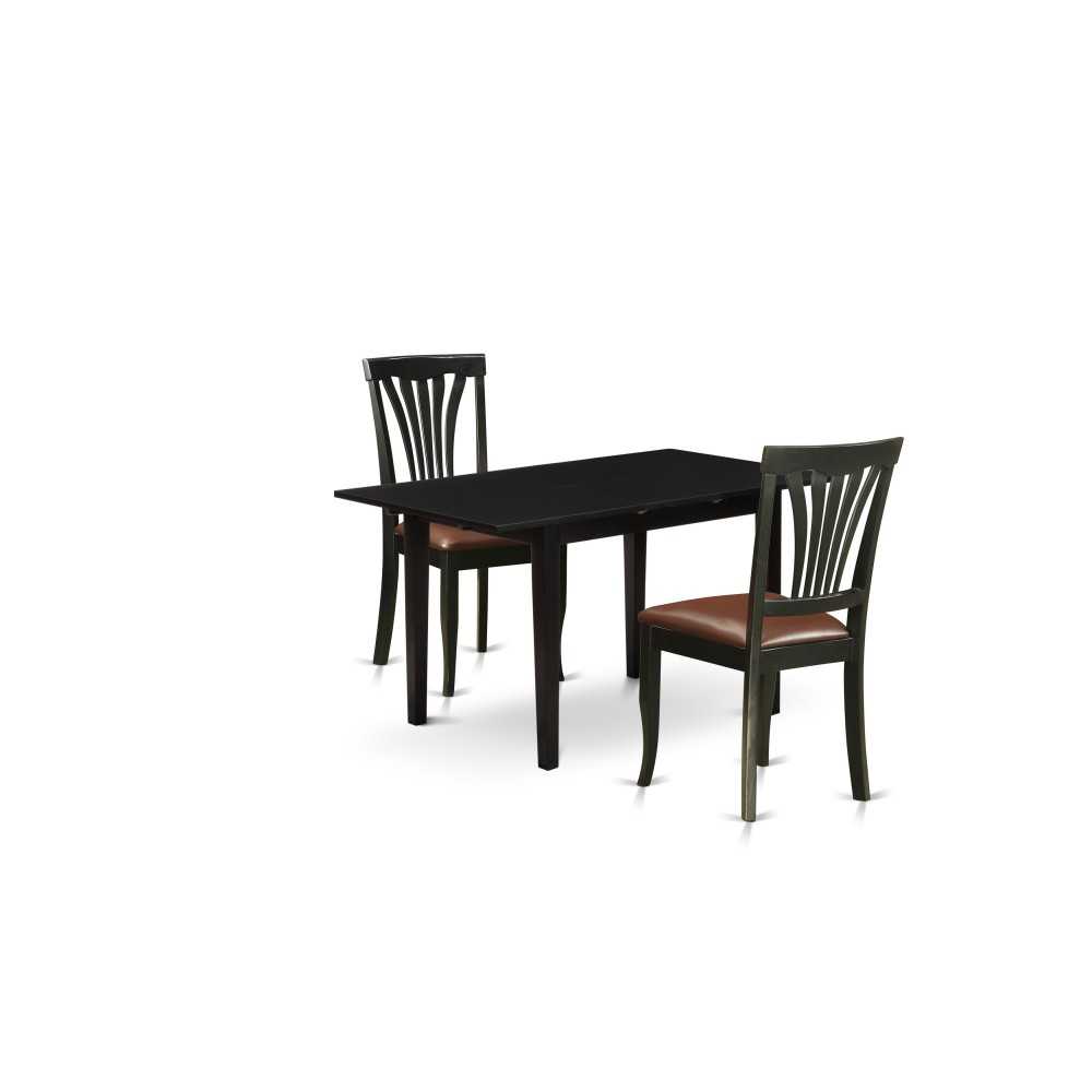 3-Pc Dining Set 2 Chairs, Faux Leather Seat, Butterfly Leaf Dinette Table, Black