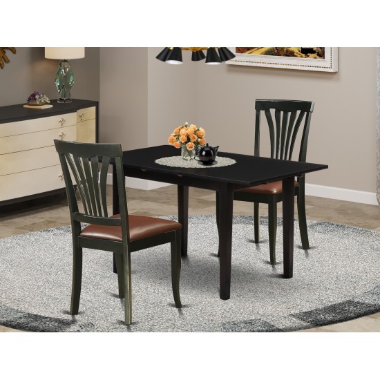 3-Pc Dining Set 2 Chairs, Faux Leather Seat, Butterfly Leaf Dinette Table, Black