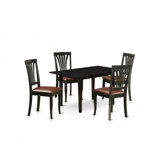 5-Pc Dining Set 4 Chairs, Faux Leather Seat, Butterfly Leaf Table, Black