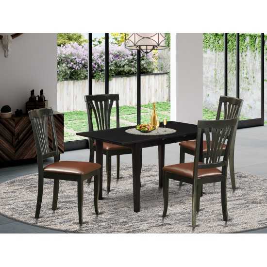 5-Pc Dining Set 4 Chairs, Faux Leather Seat, Butterfly Leaf Table, Black
