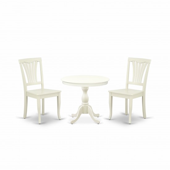 3 Pc Dining Set, 1 Round Pedestal Table, 2 Linen White Chairs, Slatted Back, Linen White Finish