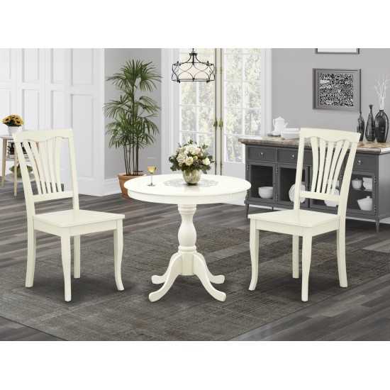 3 Pc Dining Set, 1 Round Pedestal Table, 2 Linen White Chairs, Slatted Back, Linen White Finish