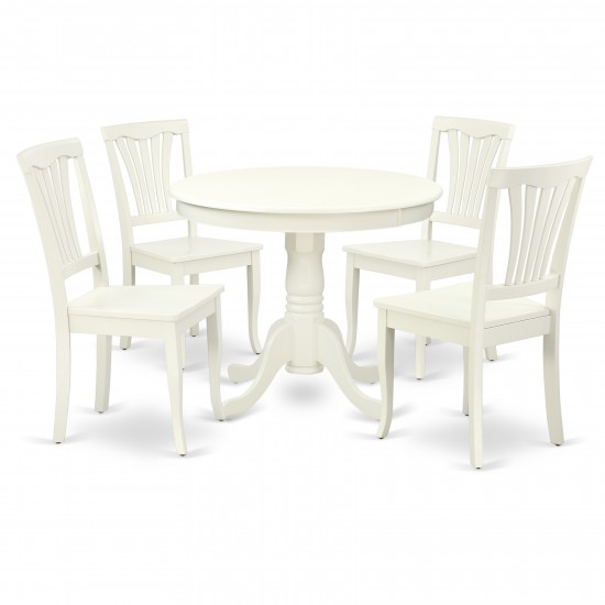 Anav5-Lwh-W 5Pc Round 36 Inch Table And 4 Vertical Slatted Chairs