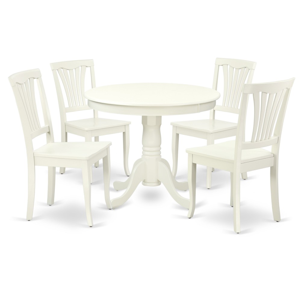 Anav5-Lwh-W 5Pc Round 36 Inch Table And 4 Vertical Slatted Chairs