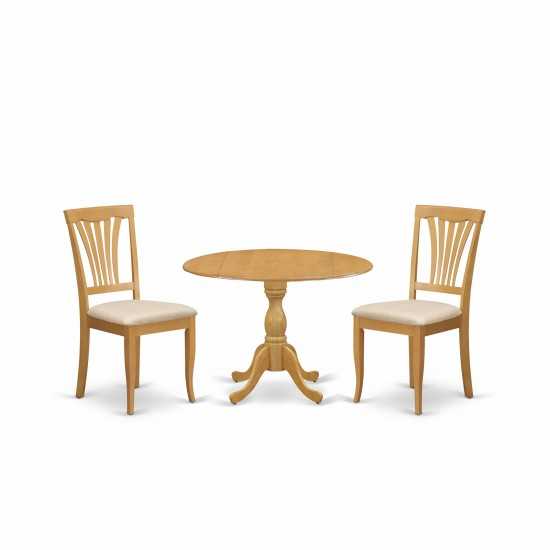 3 Pc Dining Set, Oak Wood Table, 2 Oak Dining Chairs, Slatted Back, Oak Finish