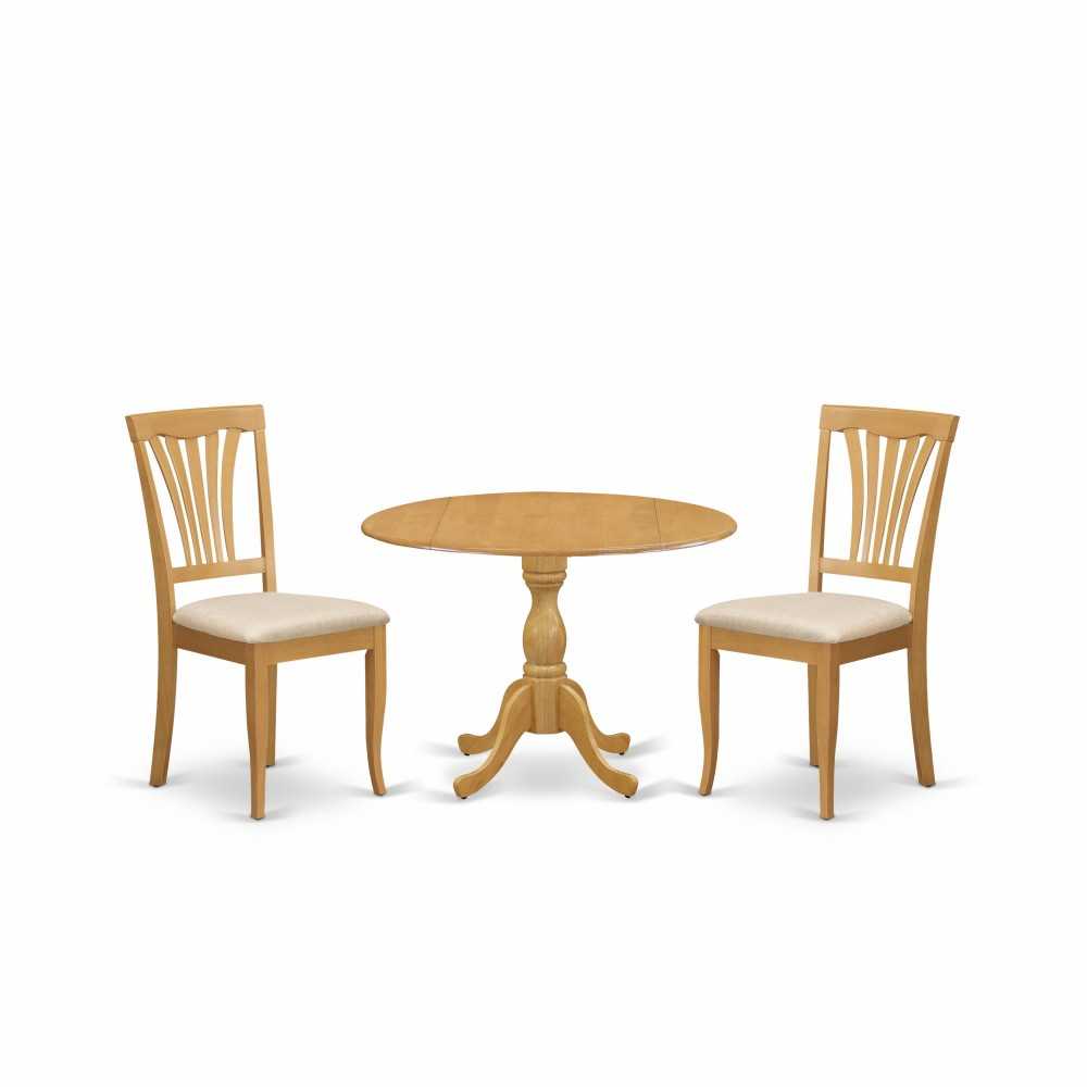 3 Pc Dining Set, Oak Wood Table, 2 Oak Dining Chairs, Slatted Back, Oak Finish