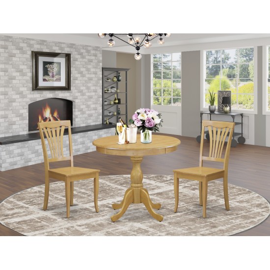 3 Pc Dining Room Set, 1 Pedestal Dining Room Table, 2 Oak Chairs, Oak