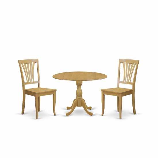 3 Pc Dining Set, Dropleaf Table, 2 Oak Wooden Chairs, Slatted Back, Oak Finish