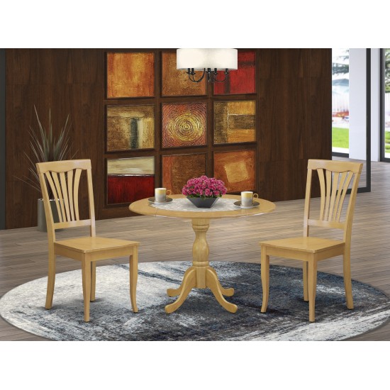 3 Pc Dining Set, Dropleaf Table, 2 Oak Wooden Chairs, Slatted Back, Oak Finish