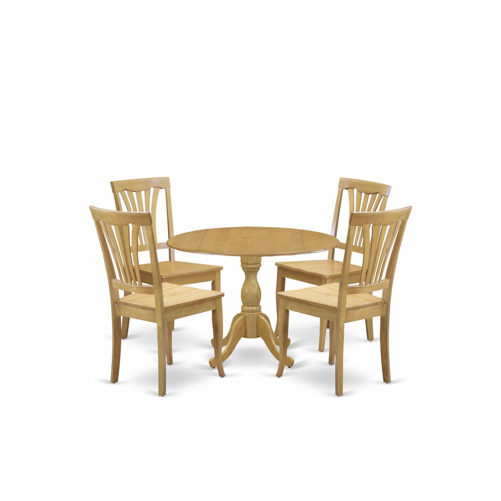 5 Pc Dining Set, Dropleaf Table, 4 Oak Wooden Chairs, Slatted Back, Oak Finish
