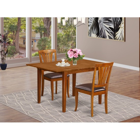 3 Pc Set Milan Table With Leaf And 2 Leather Chairs In Saddle Brown