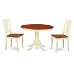 3 Pc Set, Round Small Table, 2 Wood Dinette Chairs In Buttermilk, Cherry .