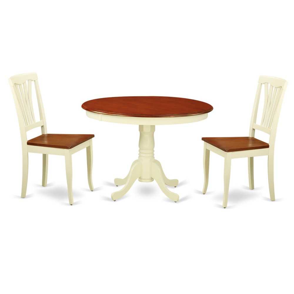 3 Pc Set, Round Small Table, 2 Wood Dinette Chairs In Buttermilk, Cherry .