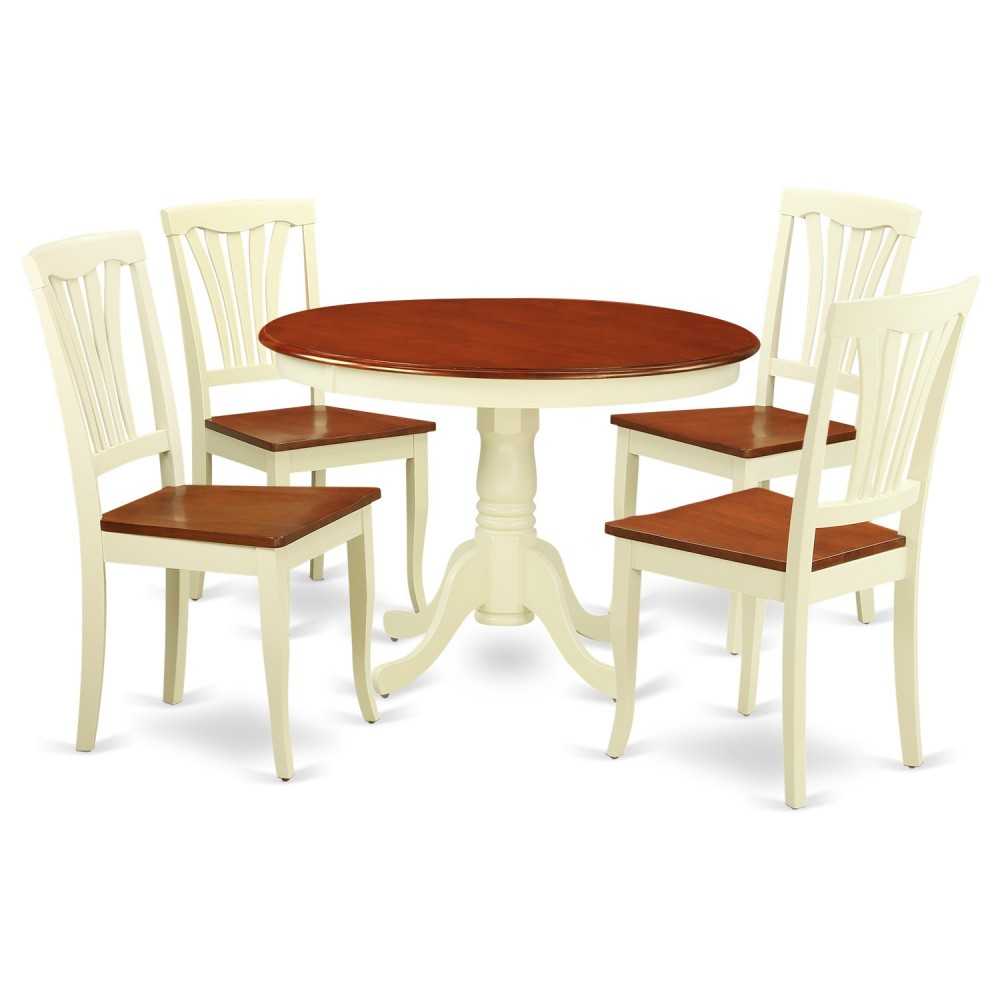 5 Pc Set, Round Dinette Table, 4 Leather Kitchen Chairs In Buttermilk, Cherry .