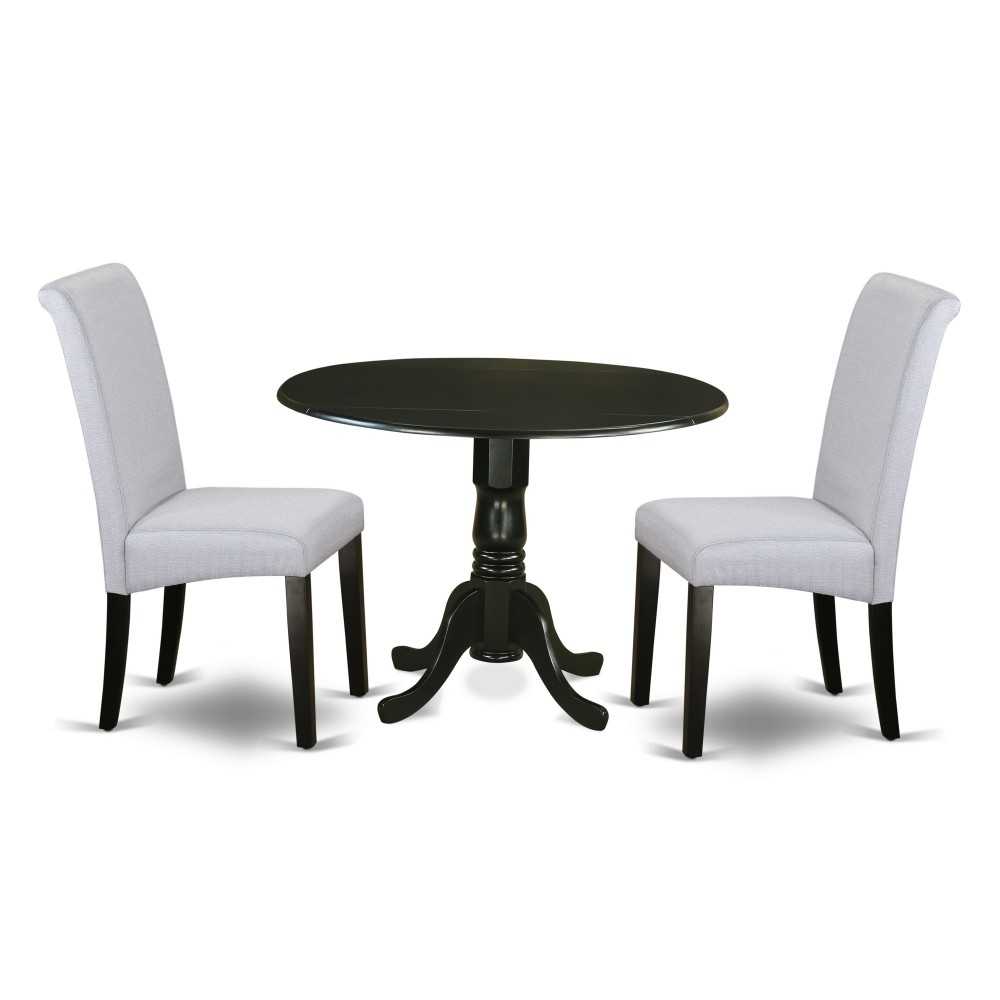 3Pc Small Round Table, Grayish Blue Fabric Kitchen Chairs, Black Chair Legs 3Pc Small Round Table, Grayish Blue Fabric Kitchen Chairs, Black Chair Legs