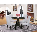 5Pc Small Round Table, Grayish Blue Fabric Kitchen Chairs, Black Chair Legs