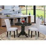 3Pc Small Round Table, Grayish Blue Fabric Kitchen Chairs, Black Chair Legs