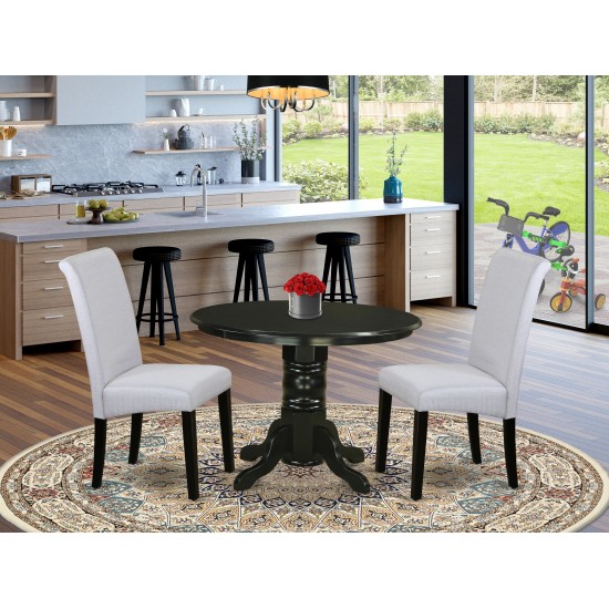 3Pc Small Round Table, Grayish Blue Fabric Kitchen Chairs, Black Chair Legs