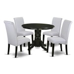 5Pc Small Round Table, Grayish Blue Fabric Parson Chairs, Black Chair Legs