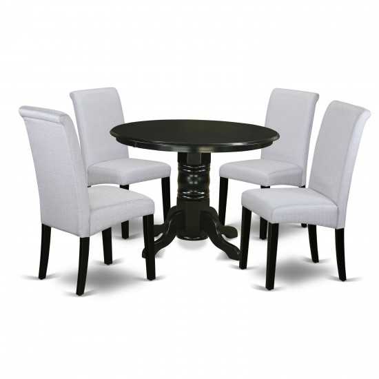 5Pc Small Round Table, Grayish Blue Fabric Parson Chairs, Black Chair Legs