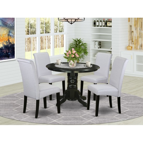 5Pc Small Round Table, Grayish Blue Fabric Parson Chairs, Black Chair Legs