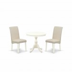 3 Pc Dining Set, 1 Pedestal Table, 2 Cream Chairs, High Back, Linen White Finish