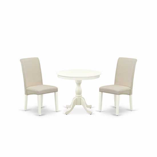 3 Pc Dining Set, 1 Pedestal Table, 2 Cream Chairs, High Back, Linen White Finish